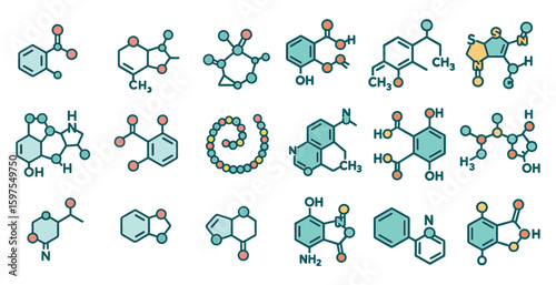 Chemistry molecules outline icons set - line, scientific, educational symbols