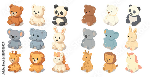 Cute animal toys icons set – flat, filled, stuffed animal illustrations