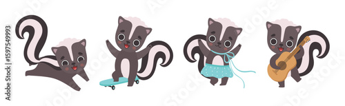 Cute Skunk Animal Character Engaged in Different Activity Vector Set