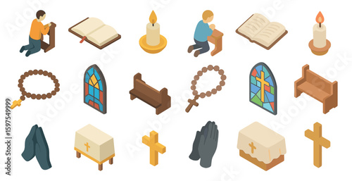 Religious and worship isometric icons set – 3d, faith, devotion symbols