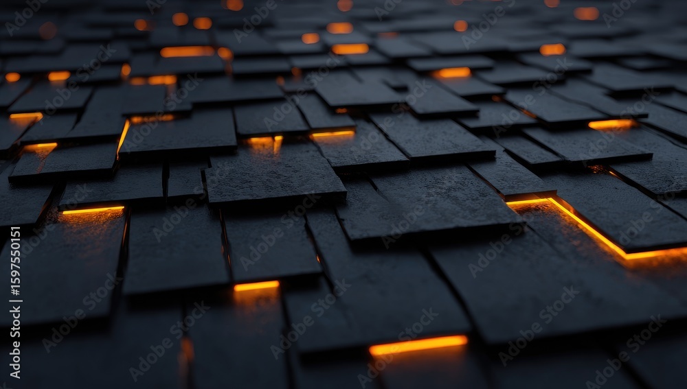 Obraz premium Dark, textured, rectangular panels, lit with warm orange lines