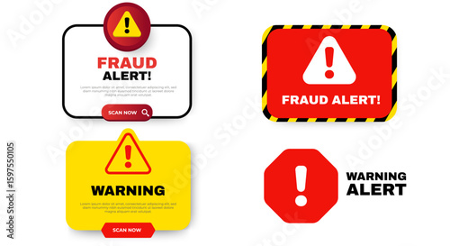Scam alert notification set icon. fraud notice alert. malware hack attack atention banner pop up. vector	