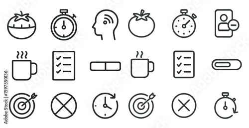 Time management outline icons set – linear, schedule, productivity symbols