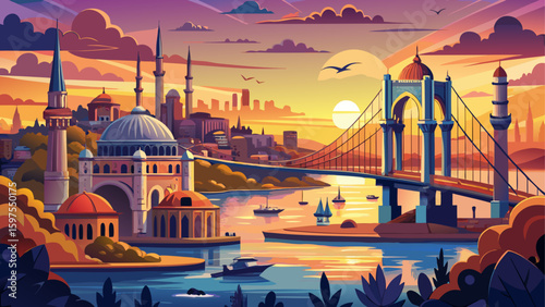 Istanbul Bosphorus panoramic photo. Istanbul landscape beautiful sunset with clouds Ortakoy Mosque, Bosphorus Bridge, Fatih Sultan Mehmet Bridge Istanbul Turkey.Best touristic destination of Istanbul 