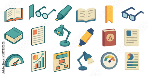 Education and learning icons set – isometric, library, study tools and symbols