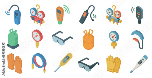 Hvac maintenance isometric icons set – tools, equipment, service symbols