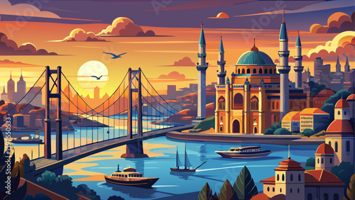 Istanbul Bosphorus panoramic photo. Istanbul landscape beautiful sunset with clouds Ortakoy Mosque, Bosphorus Bridge, Fatih Sultan Mehmet Bridge Istanbul Turkey.Best touristic destination of Istanbul 