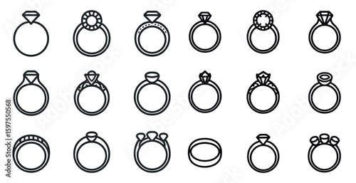 Jewelry and engagement rings outline icons set – linear, elegant, wedding symbols