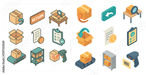Ecommerce and return isometric icons set – 3d, package, delivery elements