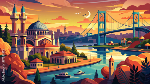 Istanbul Bosphorus panoramic photo. Istanbul landscape beautiful sunset with clouds Ortakoy Mosque, Bosphorus Bridge, Fatih Sultan Mehmet Bridge Istanbul Turkey.Best touristic destination of Istanbul 
