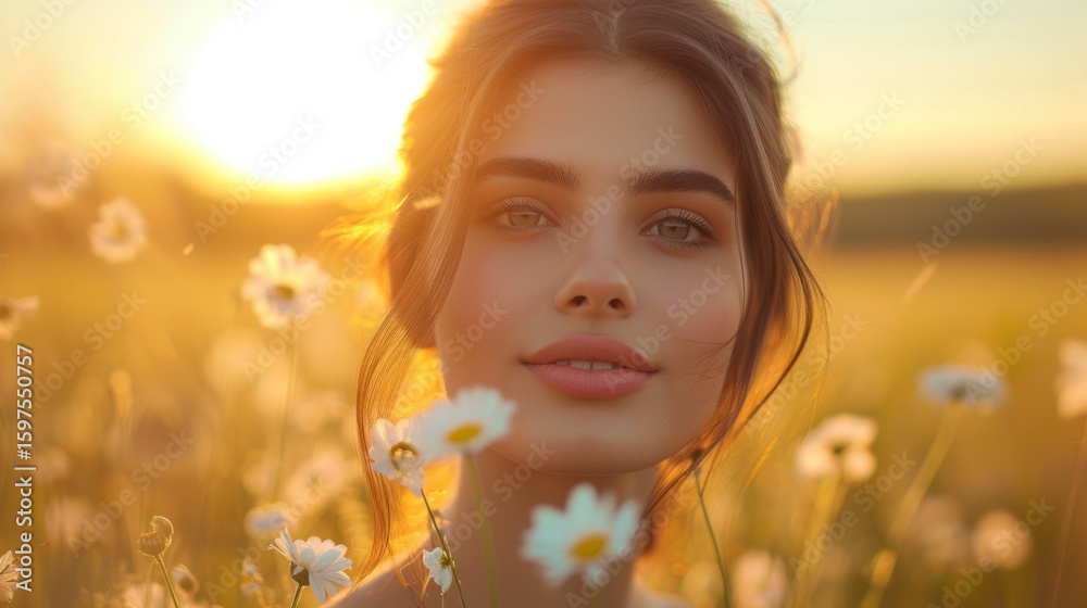Fototapeta premium Golden hour beauty, woman amidst daisies, bathed in warm sunlight. Serene and natural.