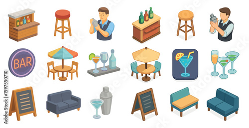 Bar and lounge icons set – isometric, filled, cocktail and seating elements