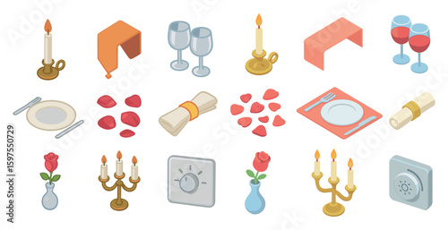Romantic dinner isometric icons set – love, dining, and candlelight symbols