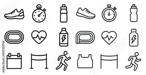 Running and fitness icons set – outline, linear, athletic and exercise symbols