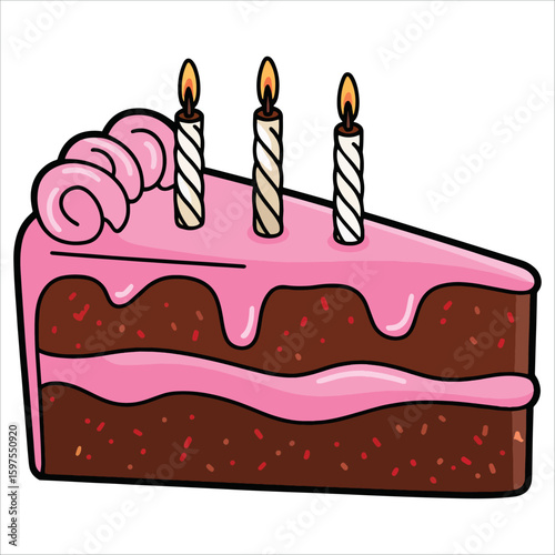 Birthday cake slices set with chocolate, fruit, berry desserts and candles, sweet holiday pastry collection in hand drawn flat cartoon style