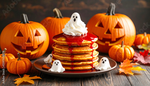 Spooky Halloween Pancakes Stacked with Ghostly Toppings and Festive Pumpkins.