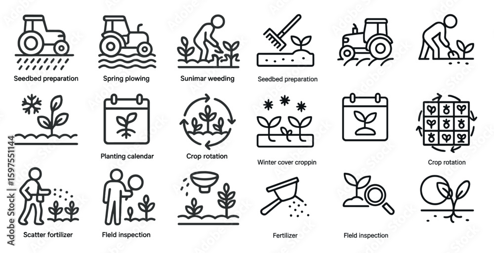 Fototapeta premium Agriculture and farming line icons set – outline, linear, planting and crop symbols