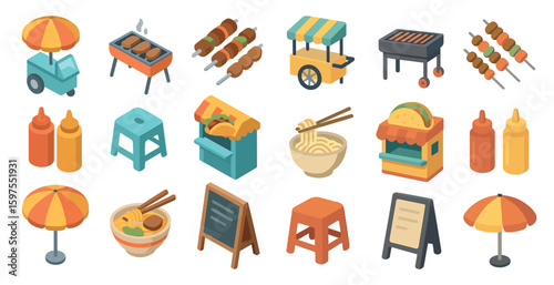 Street food 3d icons set – solid, filled, food and vendor market graphics