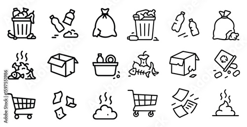 Waste management outline icons set – recycling, trash bins, eco-friendly symbols