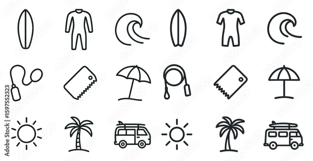 Obraz premium Surfing outline icons set – linear, line, ocean and beach elements
