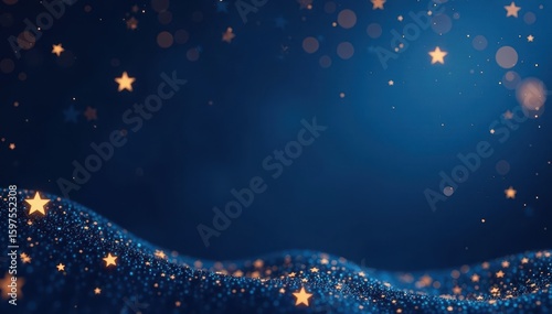 Elegant midnight blue background with gold confetti and stars, new year, abstract, dark