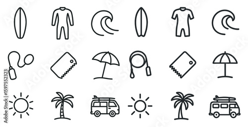 Surfing outline icons set – linear, line, ocean and beach elements