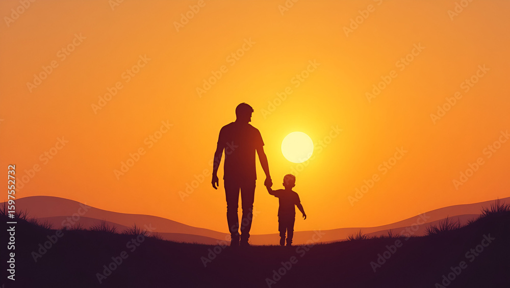 Loving father walking side by side with son holding hands./ Little son, dad hold hands close up in nature in sunset Loving father walking side by side with son holding hands./ Little son, dad hold hands close up in nature in sunset
