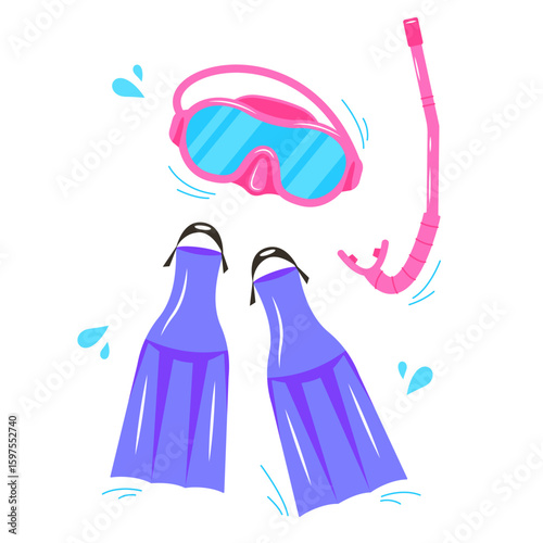Diving equipment. Summer set of flippers, mask and snorkel for diving and snorkeling. Scuba diver's kit for swimming, diving underwater. Vector illustration