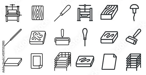 Printmaking tools outline icons set – linear, etching, artistic and craft symbols