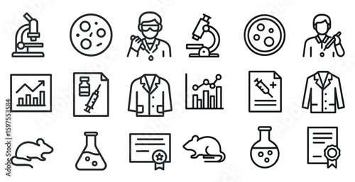 Science and research line icons set – flat, outline, laboratory and experiment symbols
