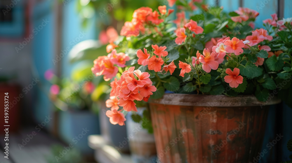 Naklejka premium Potted blossoms in an outdoor setting, creating a vibrant and colorful display against a rustic backdrop.