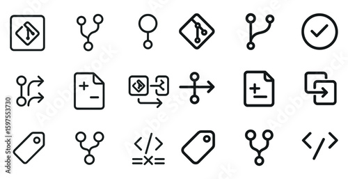 Git and version control outline icons set – linear, line, code and repository symbols