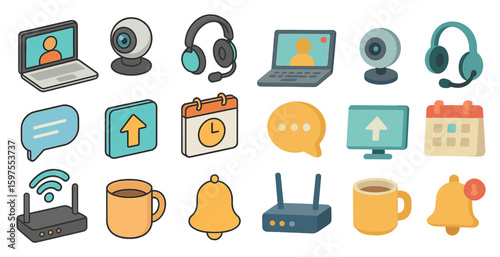 Digital communication icons set – flat, filled, online tools and messaging graphics
