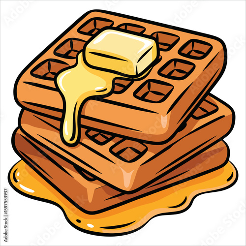 Belgian waffles with butter and syrup in a flat illustration, healthy breakfast vector ideal for menu design, food visuals, and sweet morning treats