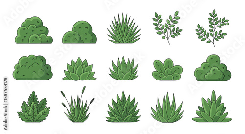 Collection of diverse green pixelated shrubbery and foliage elements for landscape design and gaming assets