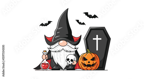 Spooky halloween gnome holding potion beside coffin and pumpkin with bats flying overhead