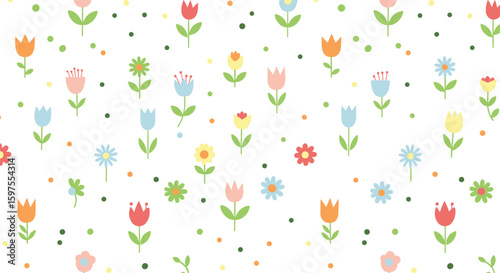 Charming spring floral pattern with colorful blossoms and scattered dots adorning a white background