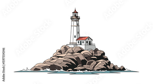 A tall white lighthouse stands on a rocky island with the ocean waves gently lapping at its base