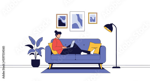 Woman working on laptop relaxing on comfortable sofa at home enjoying a cozy evening