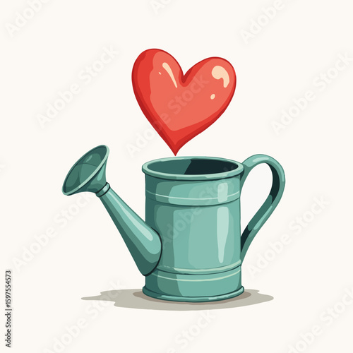 Charming watering can with red heart illustration floating above, depicting love for gardening and nature. This watering can symbolizes affection for plants and adds warmth to garden ideas.