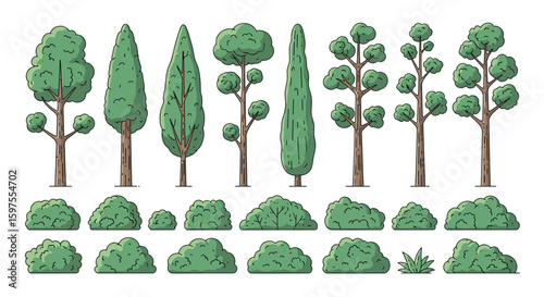 Pixel art collection of various green trees and lush bushes for landscape design
