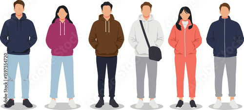 Group of people in hoodies and casual jackets, modern streetwear fashion illustration, flat style young adults standing front view