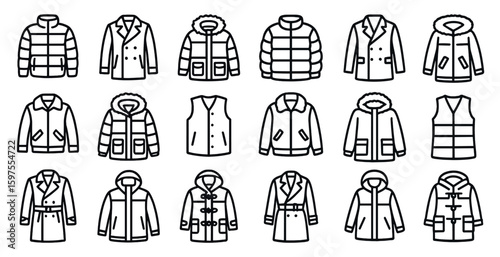 Winter clothing outline icons set – jacket, coat, cold weather fashion symbols