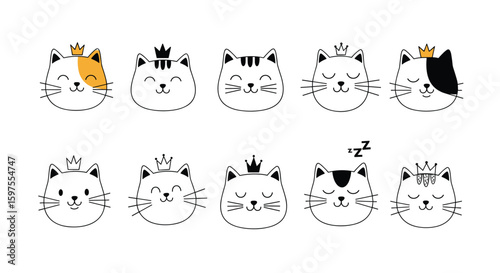 Adorable crowned cats doodle icons with simple whiskers and closed eyes perfect for your next project