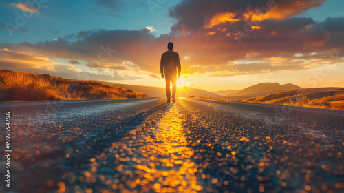 Silhouette walking towards the sunrise, conveying hope and journey, sunburst on road