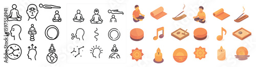 Meditation and mindfulness icons set – flat, outline, zen and wellness symbols