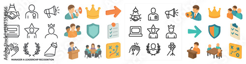 Business leadership icons set – flat, outline, management and team symbols