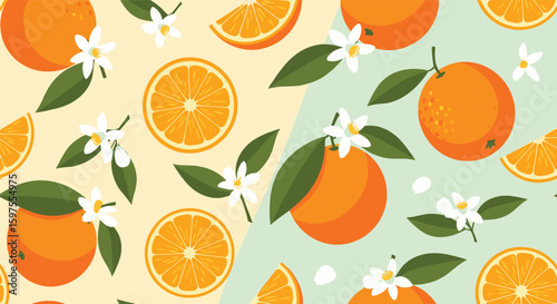 Vibrant orange citrus fruits blossoms and slices pattern background