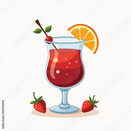 Refreshing sangria glass garnished with orange slice and cherry, surrounded by fresh strawberries. Bright and colorful sangria glass showcases fruity flavors with vibrant fruit accents.