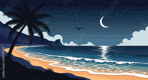 Tropical island beach under a crescent moon with starry night sky and gentle waves